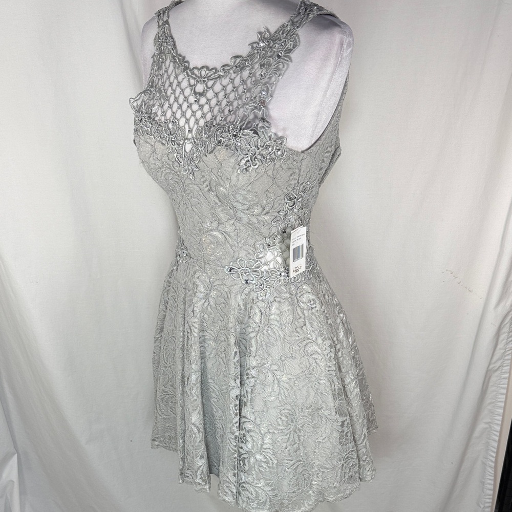 Jodi Kristopher Lace Mini Dress in Silver Gray